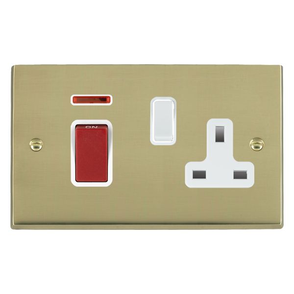 Cheriton Victorian Polished Brass 45A Double Pole Rocker + Neon + 13A Switched Socket Red+White/White