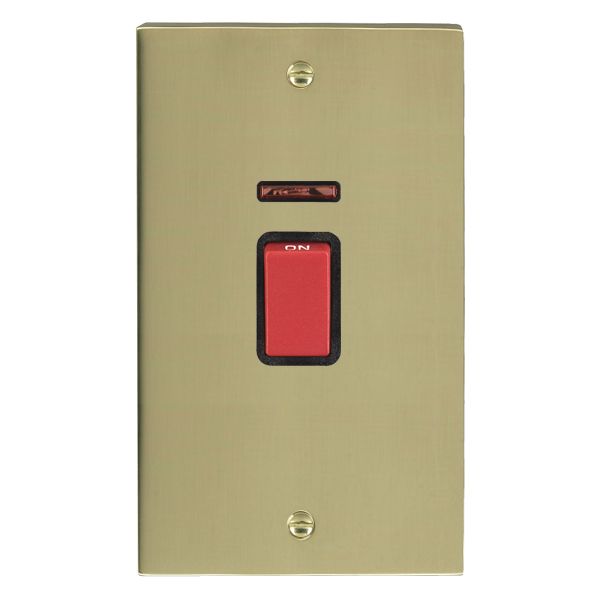 Cheriton Victorian Polished Brass 1 gang 45A Double Pole Rocker and Neon (Vertically Mounted) Red/Black