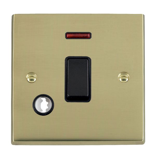 Cheriton Victorian Polished Brass 1 gang 20AX Double Pole Rocker and Neon and Cable Outlet Black/Black
