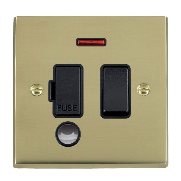 Cheriton Victorian Polished Brass 1 gang 13A Double Pole Fused Spur and Neon and Cable Outlet Black/Black