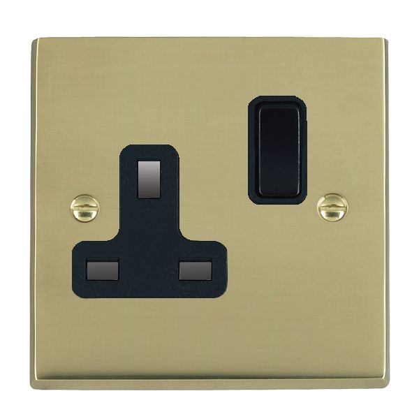 Cheriton Victorian Polished Brass 1 gang 13A Double Pole Switched Socket Black/Black