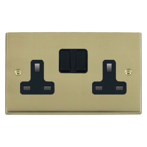 Cheriton Victorian Polished Brass 2 gang 13A Double Pole Switched Socket Black/Black