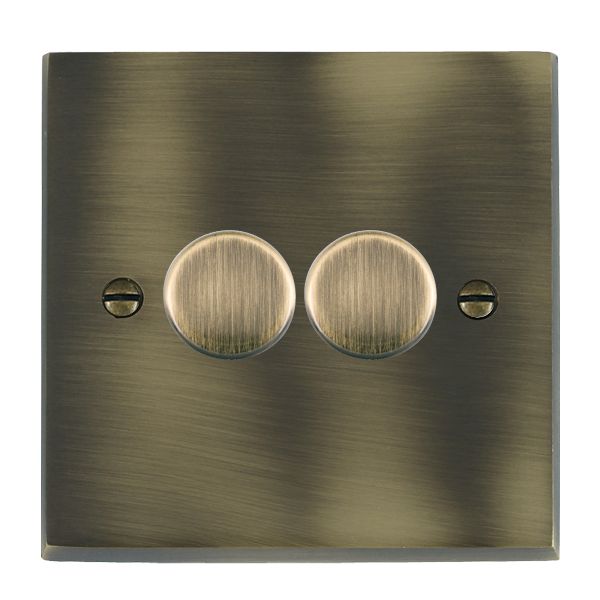 Cheriton Victorian Antique Brass 2 gang 100W LED 2 Way Push On/Off Rotary Dimmer Antique Brass