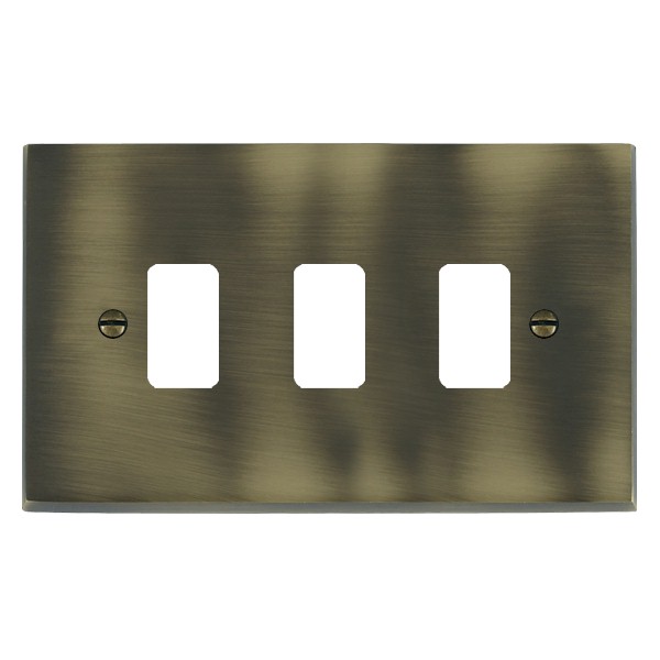 Cheriton Victorian Grid-IT Antique Brass 3 gang Grid Fix Aperture Plate with Grid