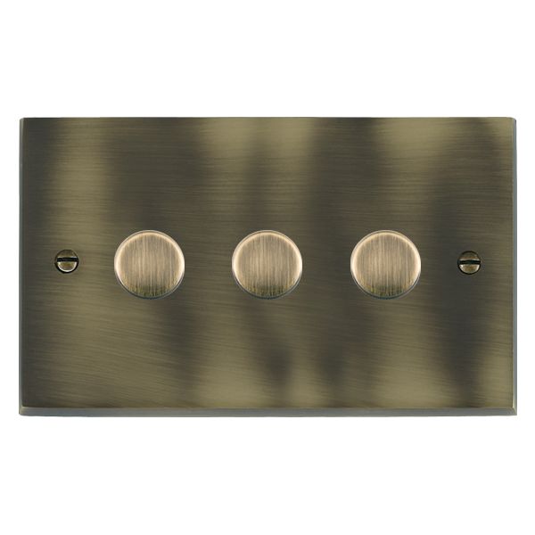 Cheriton Victorian Antique Brass 3 gang 250W LED 2 Way Push On/Off Rotary Dimmer Antique Brass Minimum Load = 5W(LED) Maximum Load = 250W(LED) Trailing Edge / 150W(LED) Leading Edge per gang