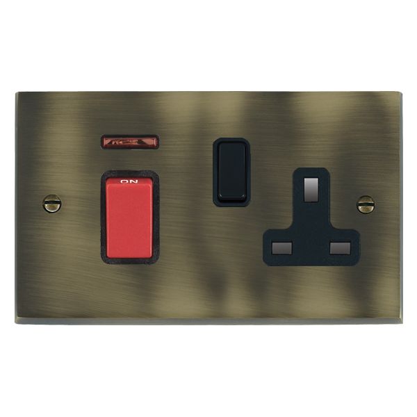 Cheriton Victorian Antique Brass 45A Double Pole Rocker + Neon + 13A Switched Socket Red+Black/Black