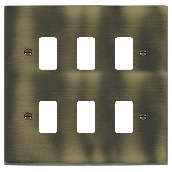 Cheriton Victorian Grid-IT Antique Brass 6 gang Grid Fix Aperture Plate with Grid