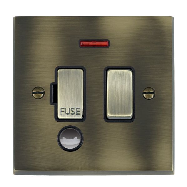 Cheriton Victorian Antique Brass 1 gang 13A Double Pole Fused Spur and Neon and Cable Outlet Antique Brass/Black