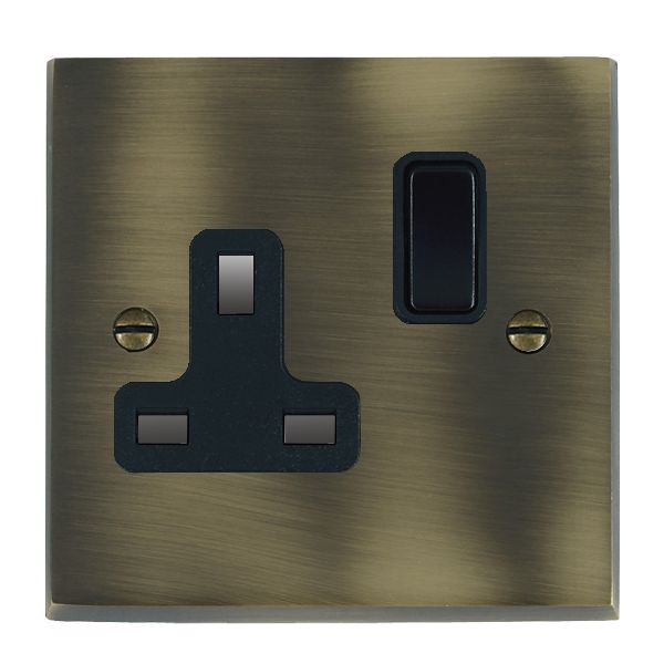 Cheriton Victorian Antique Brass 1 gang 13A Double Pole Switched Socket Black/Black