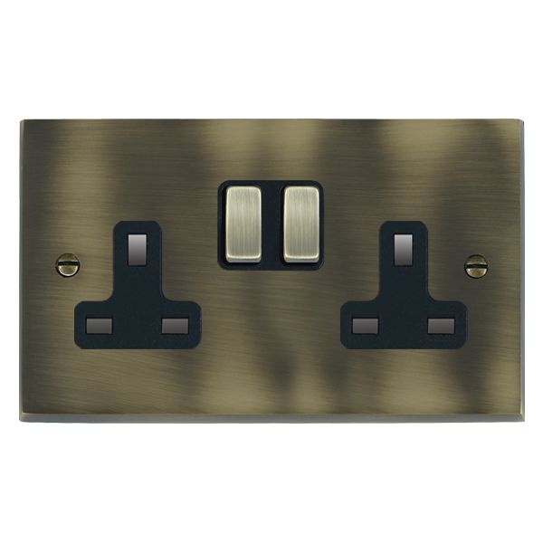 Cheriton Victorian Antique Brass 2 gang 13A Double Pole Switched Socket Antique Brass/Black