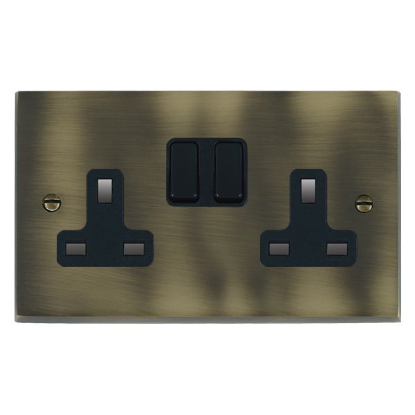 Cheriton Victorian Antique Brass 2 gang 13A Double Pole Switched Socket Black/Black