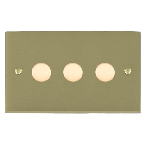 Cheriton Victorian Satin Brass 3 gang 250W LED 2 Way Push On/Off Rotary Dimmer Satin Brass Minimum Load = 5W(LED) Maximum Load = 250W(LED) Trailing Edge / 150W(LED) Leading Edge per gang