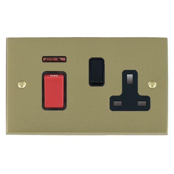 Cheriton Victorian Satin Brass 45A Double Pole Rocker + Neon + 13A Switched Socket Red+Black/Black