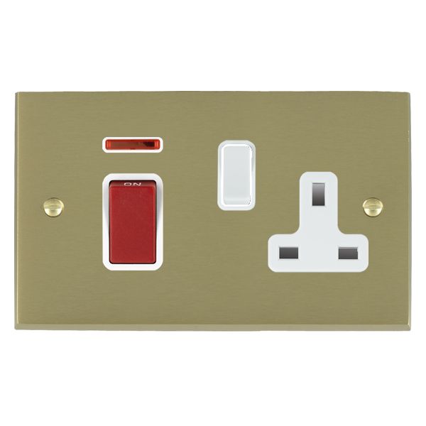 Cheriton Victorian Satin Brass 45A Double Pole Rocker + Neon + 13A Switched Socket Red+White/White