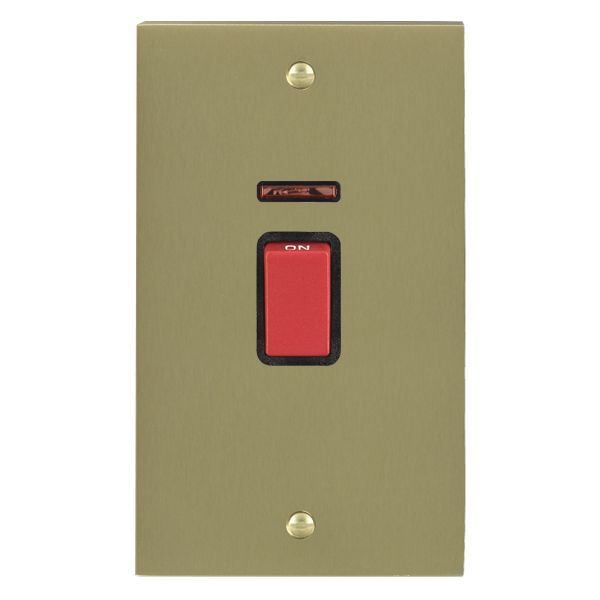 Cheriton Victorian Satin Brass 1 gang 45A Double Pole Rocker and Neon (Vertically Mounted) Red/Black