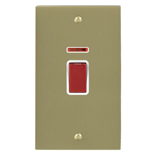 Cheriton Victorian Satin Brass 1 gang 45A Double Pole Rocker and Neon (Vertically Mounted) Red/White