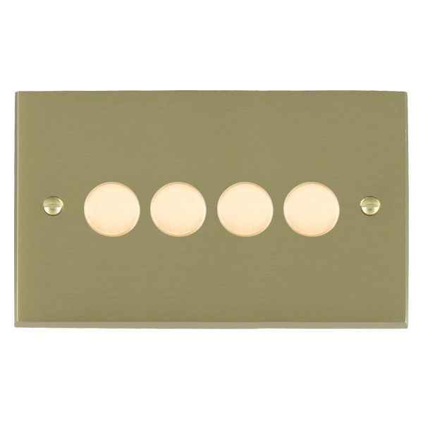 Cheriton Victorian Satin Brass 4 gang 250W LED 2 Way Push On/Off Rotary Dimmer Satin Brass Minimum Load = 5W(LED) Maximum Load = 250W(LED) Trailing Edge / 150W(LED) Leading Edge per gang