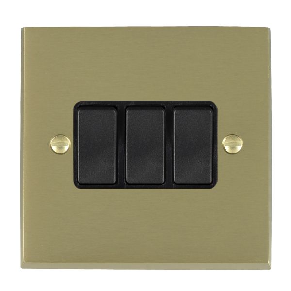 Cheriton Victorian Satin Brass 3 gang 10AX 2 Way Rocker Black/Black