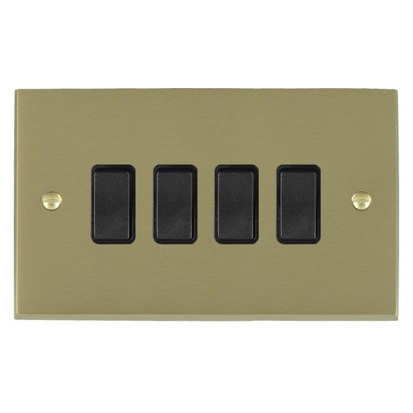 Cheriton Victorian Satin Brass 4 gang 10AX 2 Way Rocker Black/Black