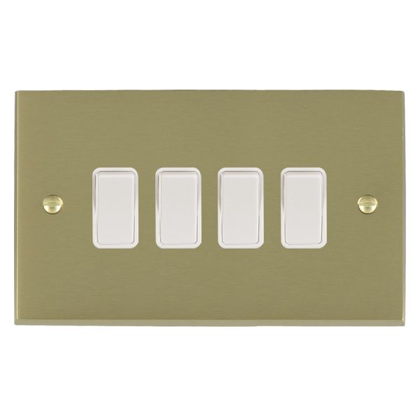 Cheriton Victorian Satin Brass 4 gang 10AX 2 Way Rocker White/White