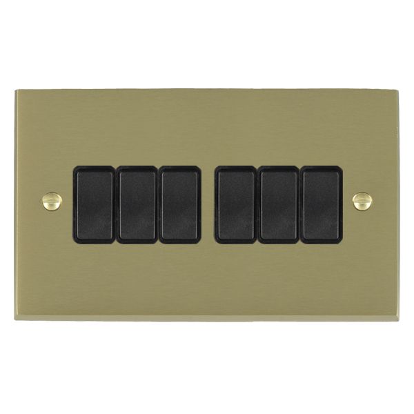 Cheriton Victorian Satin Brass 6 gang 10AX 2 Way Rocker Black/Black