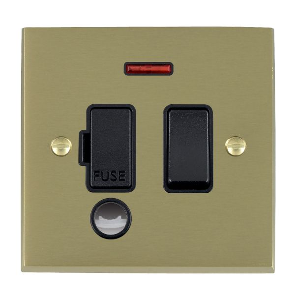 Cheriton Victorian Satin Brass 1 gang 13A Double Pole Fused Spur and Neon and Cable Outlet Black/Black