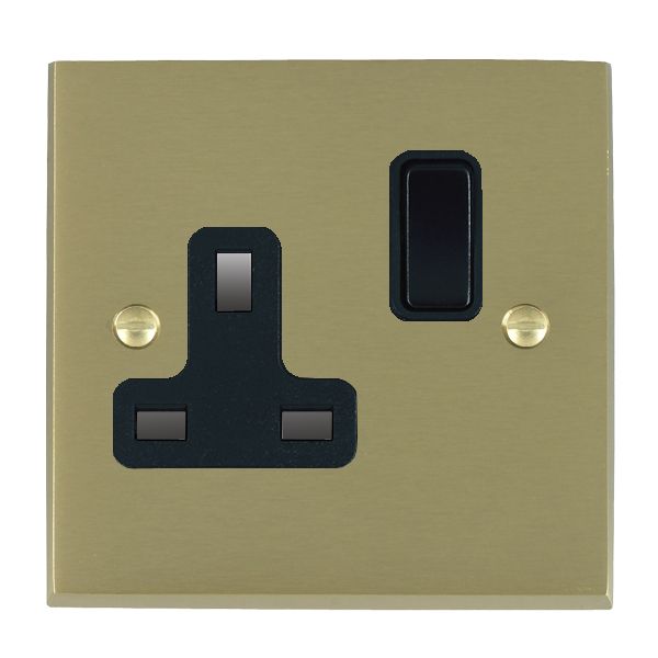 Cheriton Victorian Satin Brass 1 gang 13A Double Pole Switched Socket Black/Black