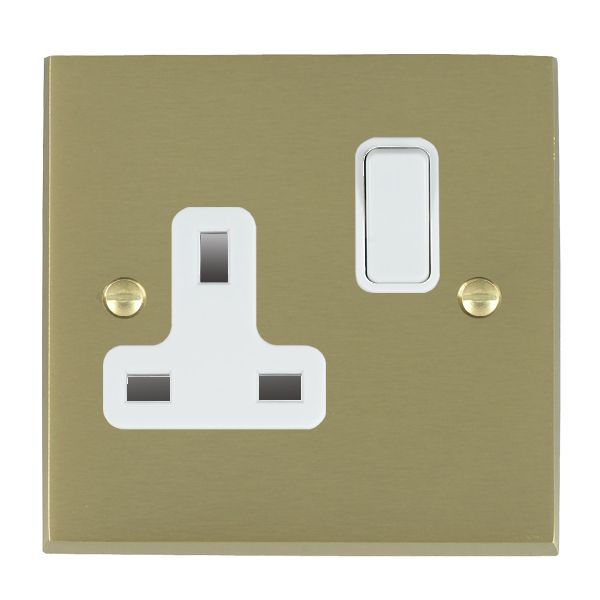 Cheriton Victorian Satin Brass 1 gang 13A Double Pole Switched Socket White/White