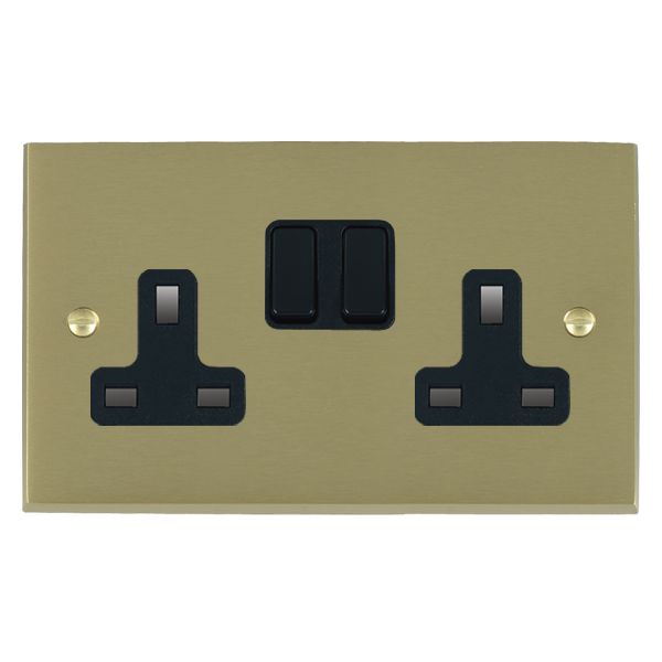 Cheriton Victorian Satin Brass 2 gang 13A Double Pole Switched Socket Black/Black