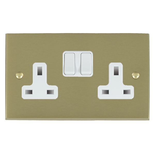 Cheriton Victorian Satin Brass 2 gang 13A Double Pole Switched Socket White/White