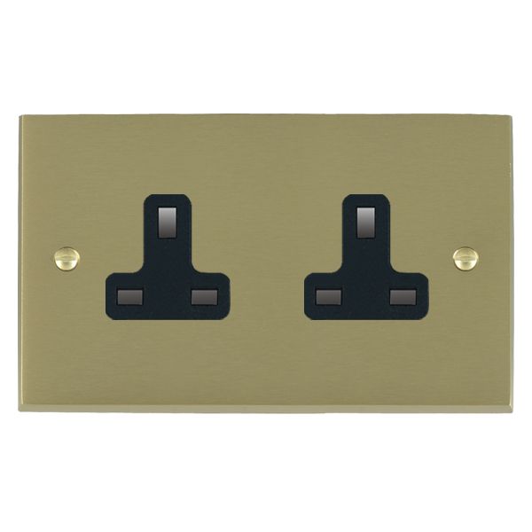 Cheriton Victorian Satin Brass 2 gang 13A Unswitched Socket Black