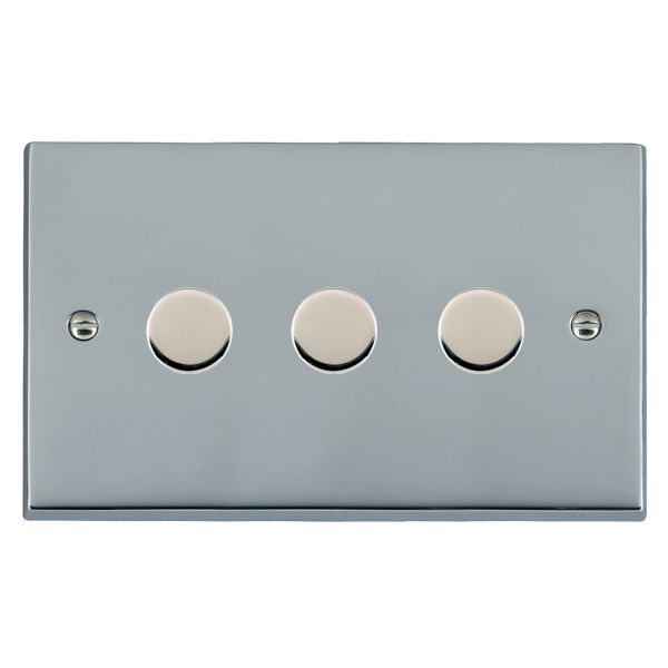 Cheriton Victorian Bright Chrome 3 gang 250W LED 2 Way Push On/Off Rotary Dimmer Bright Chrome Minimum Load = 5W(LED) Maximum Load = 250W(LED) Trailing Edge / 150W(LED) Leading Edge per gang
