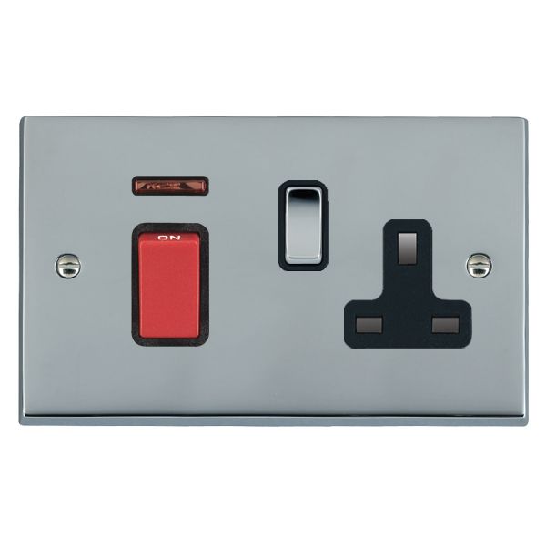 Cheriton Victorian Bright Chrome 45A Double Pole Rocker + Neon + 13A Switched Socket Red+Bright Chrome/Black
