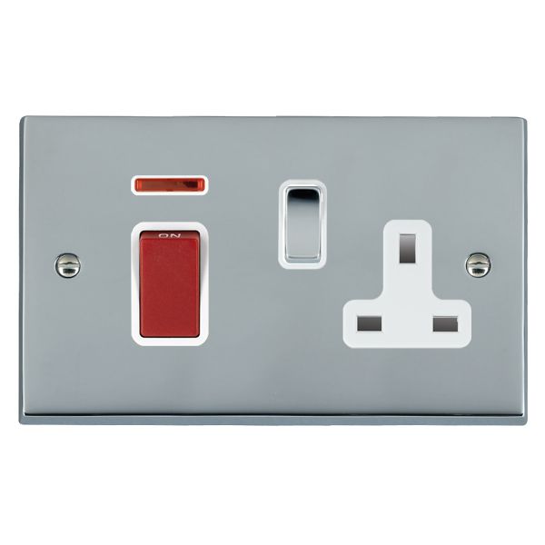 Cheriton Victorian Bright Chrome 45A Double Pole Rocker + Neon + 13A Switched Socket Red+Bright Chrome/White