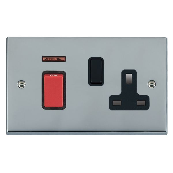 Cheriton Victorian Bright Chrome 45A Double Pole Rocker + Neon + 13A Switched Socket Red+Black/Black