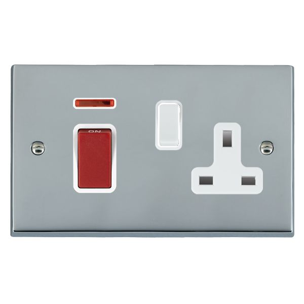 Cheriton Victorian Bright Chrome 45A Double Pole Rocker + Neon + 13A Switched Socket Red+White/White