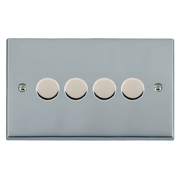 Cheriton Victorian Bright Chrome 4 gang 250W LED 2 Way Push On/Off Rotary Dimmer Bright Chrome Minimum Load = 5W(LED) Maximum Load = 250W(LED) Trailing Edge / 150W(LED) Leading Edge per gang