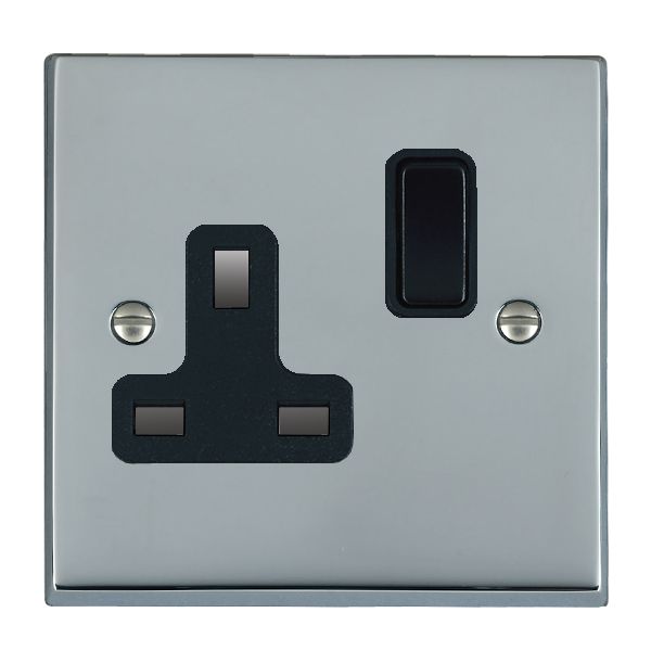 Cheriton Victorian Bright Chrome 1 gang 13A Double Pole Switched Socket Black/Black