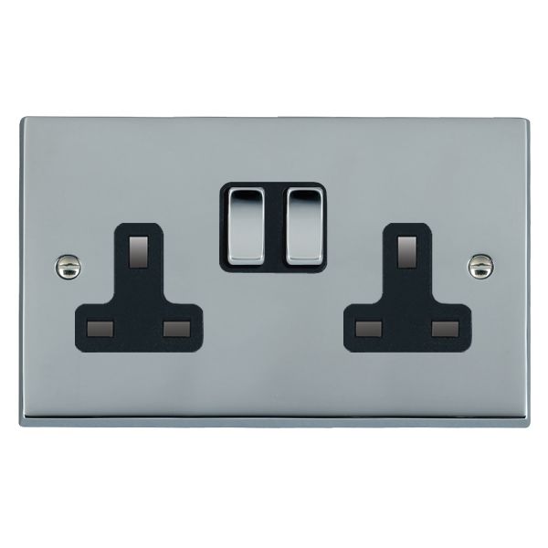 Cheriton Victorian Bright Chrome 2 gang 13A Double Pole Switched Socket Bright Chrome/Black