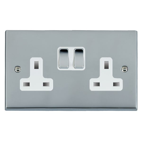 Cheriton Victorian Bright Chrome 2 gang 13A Double Pole Switched Socket Bright Chrome/White