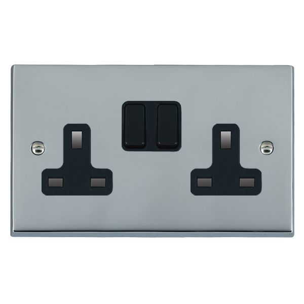 Cheriton Victorian Bright Chrome 2 gang 13A Double Pole Switched Socket Black/Black
