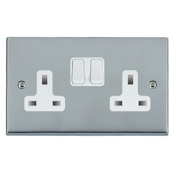 Cheriton Victorian Bright Chrome 2 gang 13A Double Pole Switched Socket White/White