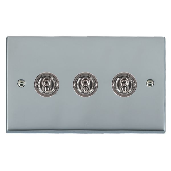 Cheriton Victorian Bright Chrome 3 gang 20AX 2 Way Toggle Bright Chrome