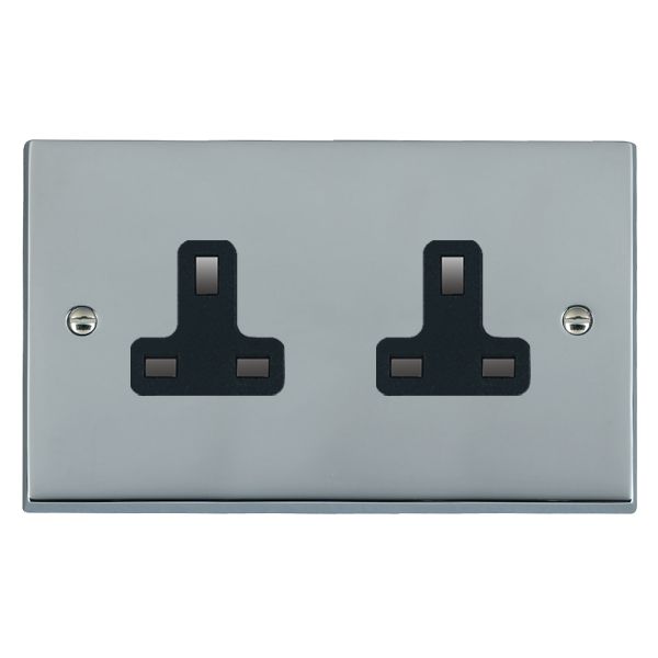 Cheriton Victorian Bright Chrome 2 gang 13A Unswitched Socket Black