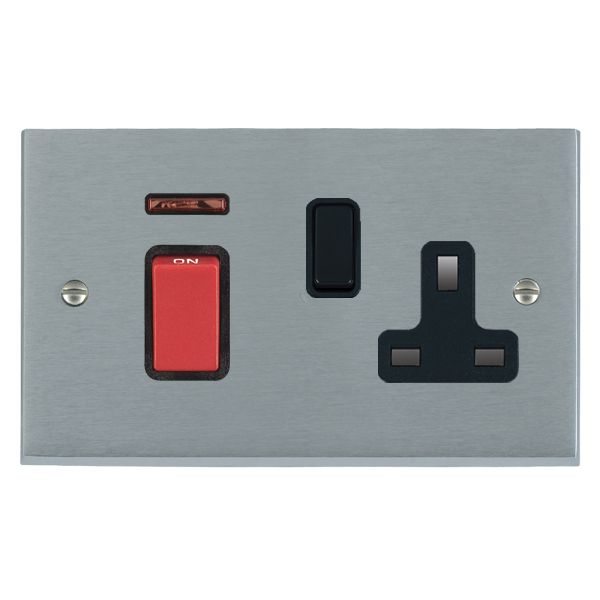 Cheriton Victorian Satin Chrome 45A Double Pole Rocker + Neon + 13A Switched Socket Red+Black/Black