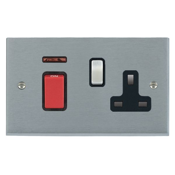 Cheriton Victorian Satin Chrome 45A Double Pole Rocker + Neon + 13A Switched Socket Red+Satin Chrome/Black