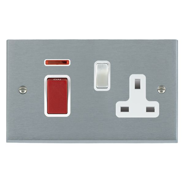 Cheriton Victorian Satin Chrome 45A Double Pole Rocker + Neon + 13A Switched Socket Red+Satin Chrome/White