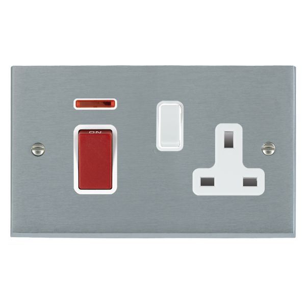 Cheriton Victorian Satin Chrome 45A Double Pole Rocker + Neon + 13A Switched Socket Red+White/White