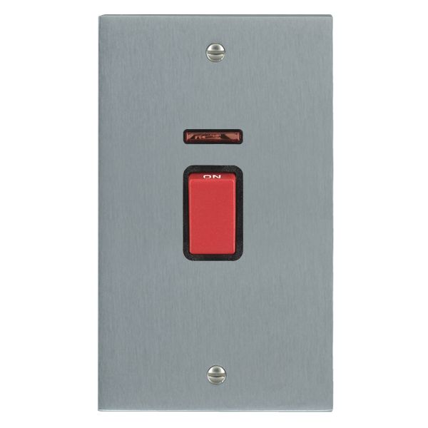 Cheriton Victorian Satin Chrome 1 gang 45A Double Pole Rocker and Neon (Vertically Mounted) Red/Black