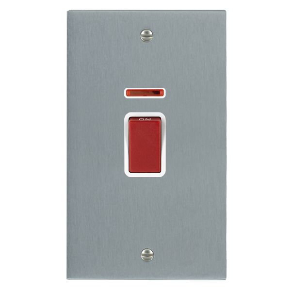 Cheriton Victorian Satin Chrome 1 gang 45A Double Pole Rocker and Neon (Vertically Mounted) Red/White